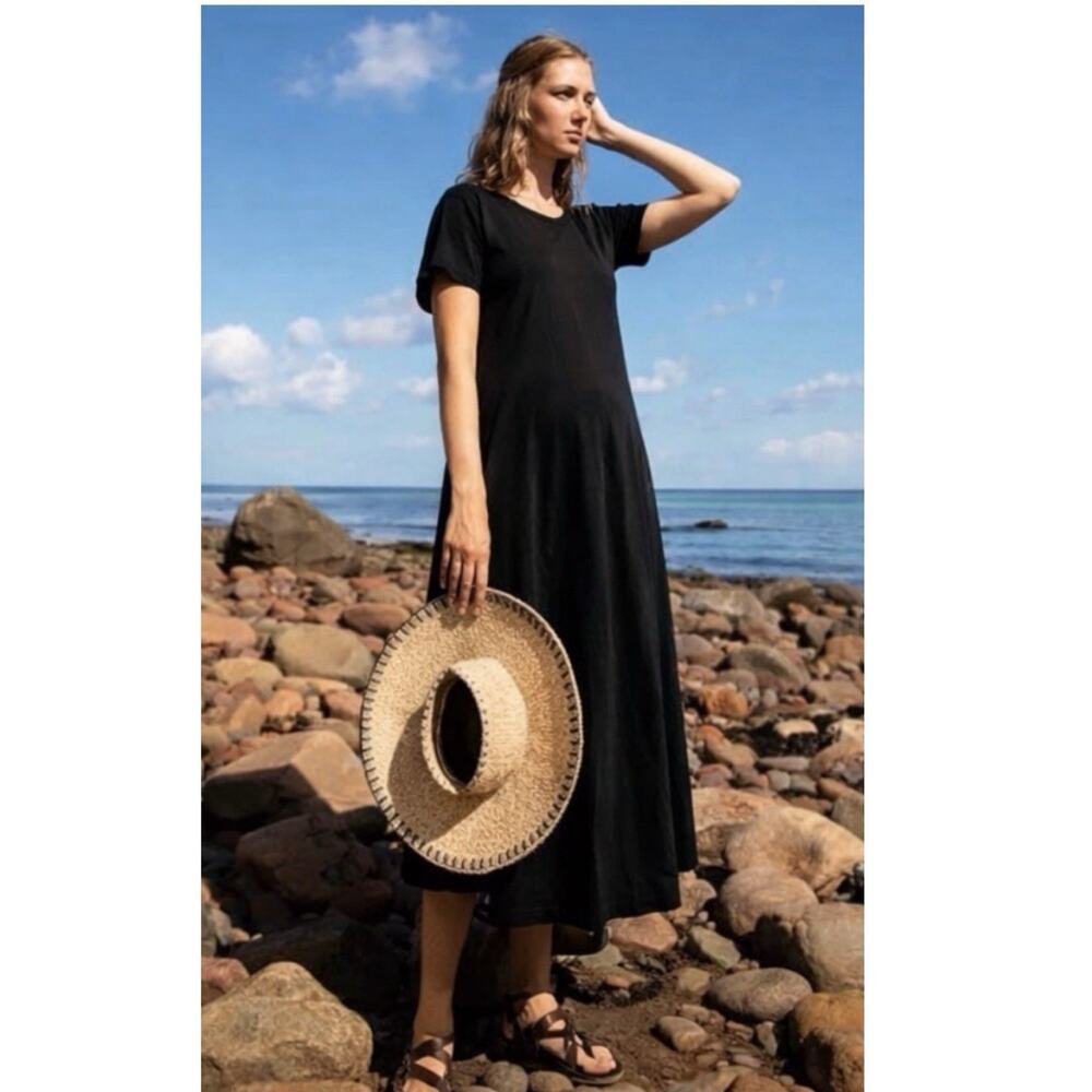 Free People Beach On Repeat Midi Dress Pleated Cotton Black Size S Coastal chic